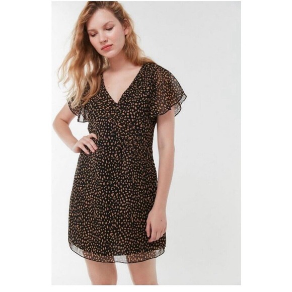 Urban Outfitters Rosalee V-Neck Flutter Sleeves A-line Mini Dress Black Sz M - Picture 1 of 16